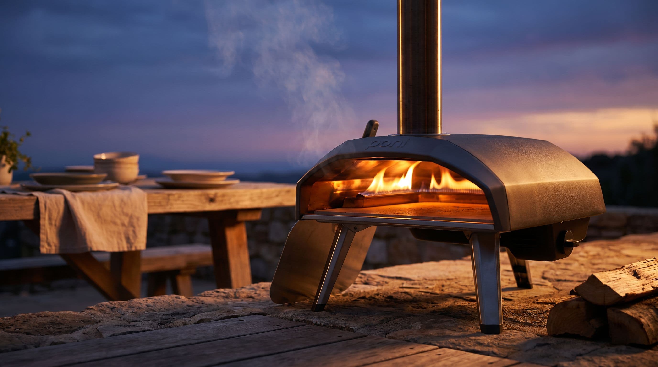 Four à pizza extérieur portable allumé sur une terrasse au crépuscule, lueur orangée de la cuisson au feu